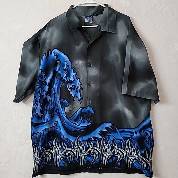 C-Two Mens XXL Hawaiian Shirt Black Gray Blue Wave Graphic Graffiti Design - Picture 1 of 14